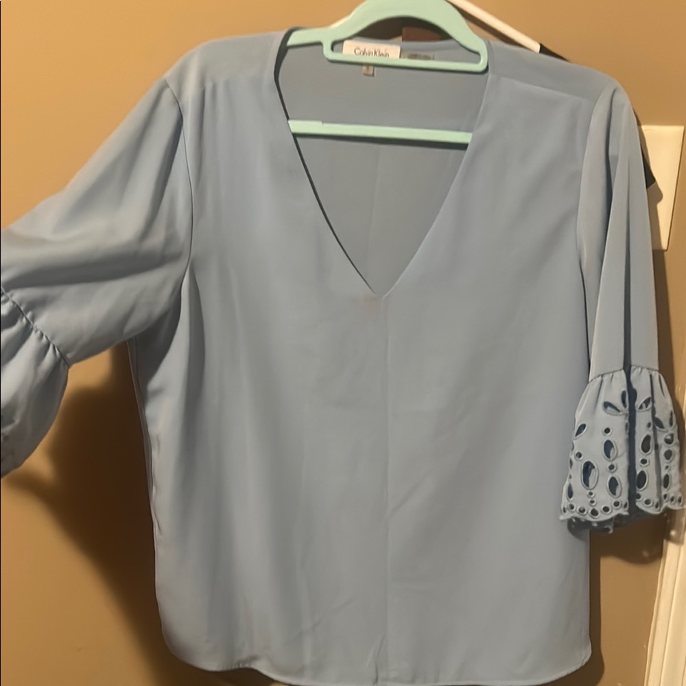 Calvin Klein Gray Bell Sleeve Ruffled Blouse